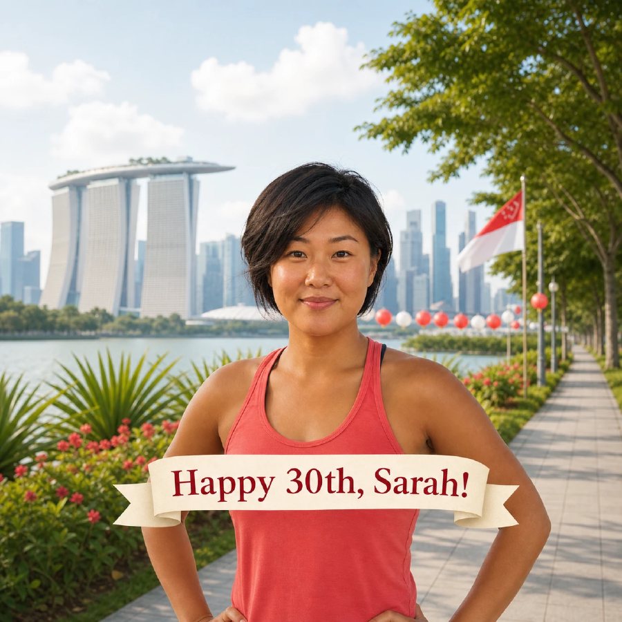 Birthday medallion idea featuring a tanned Chinese Singaporean sportswoman with a subtle smile and the caption Happy 30th Sarah