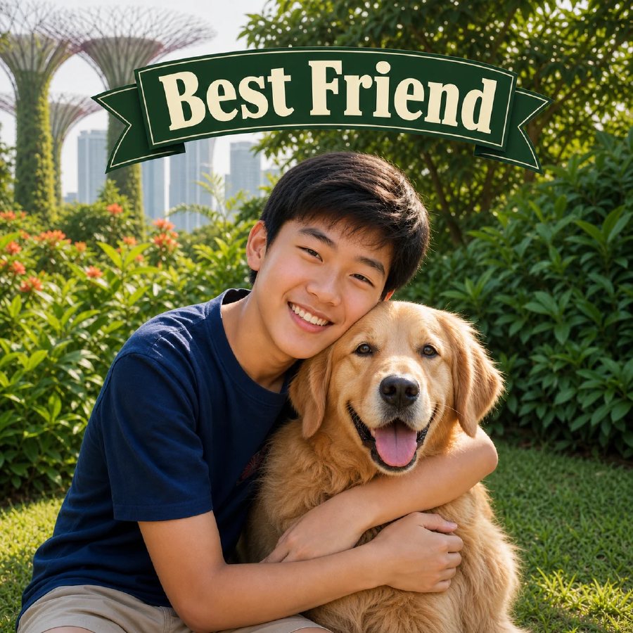 Pet medallion idea featuring a 13-year-old Singaporean Chinese boy hugging his golden retriever with the caption Best Friend